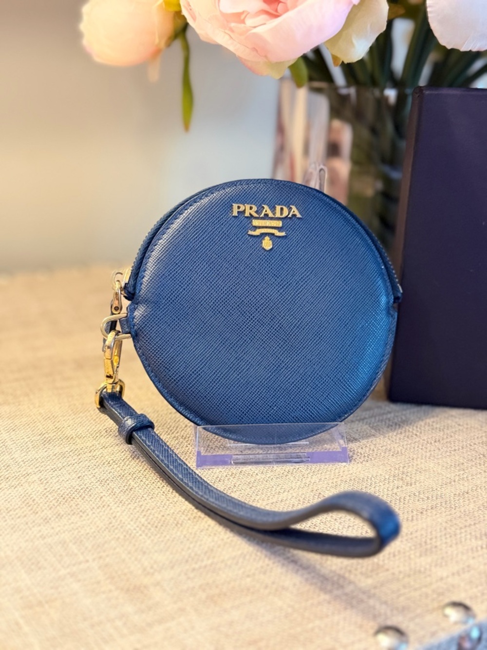 NIB Prada Blue Saffiano Round Wristlet Coin Case with Gold Logo - Picture 2 of 6